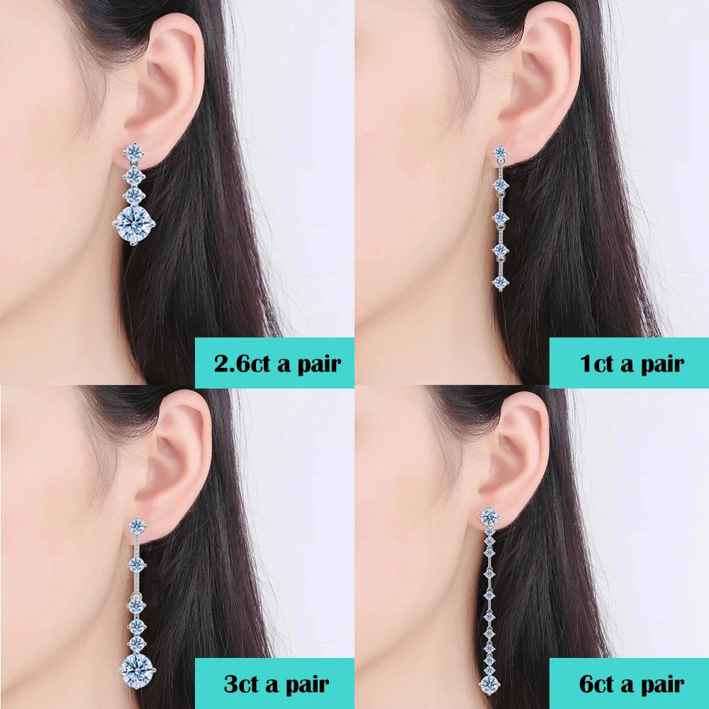 Moissanite Drop Earrings – 6cttw Long Dangle Design with GRA | 925 Sterling Silver Lab Diamond Bridal Wedding Jewelry for Women