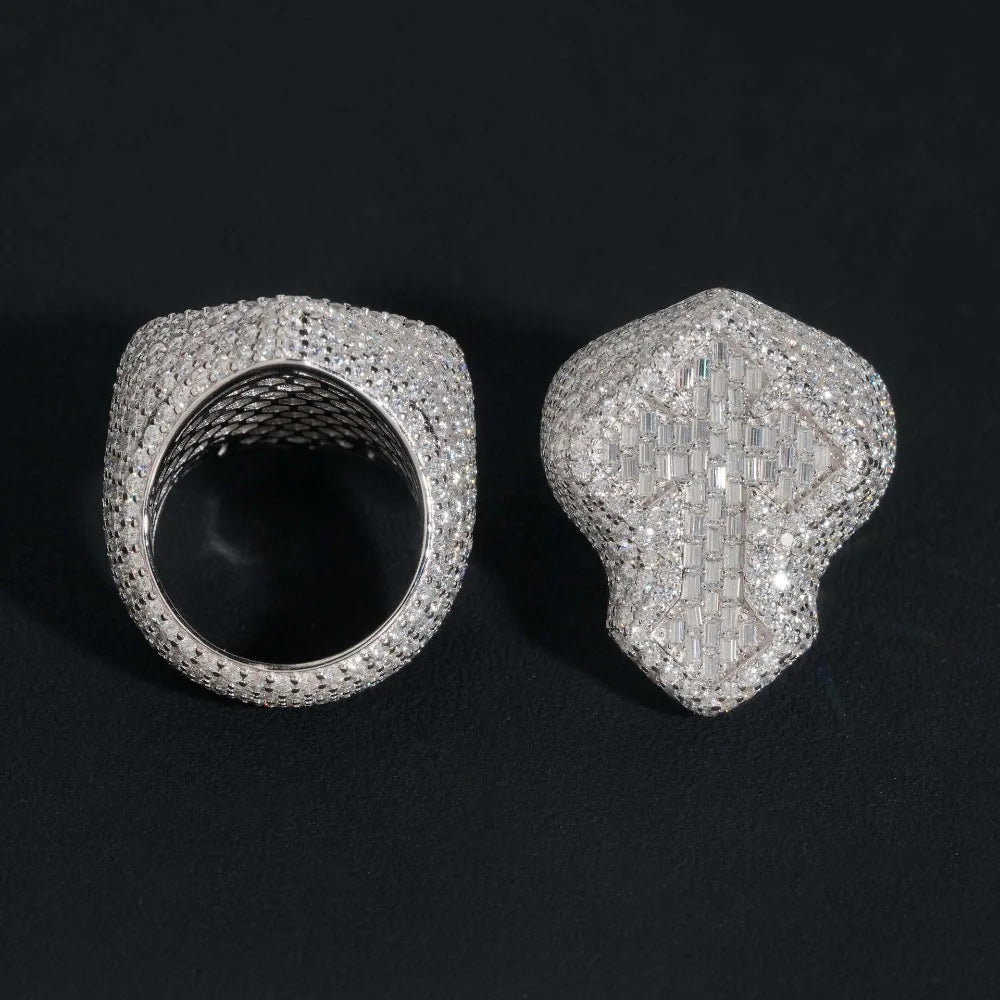 Moissanite Cross Ring – Hip Hop Iced Baguette Design with GRA Certificate | 925 Sterling Silver Diamond Party Jewelry Gift for Men & Women