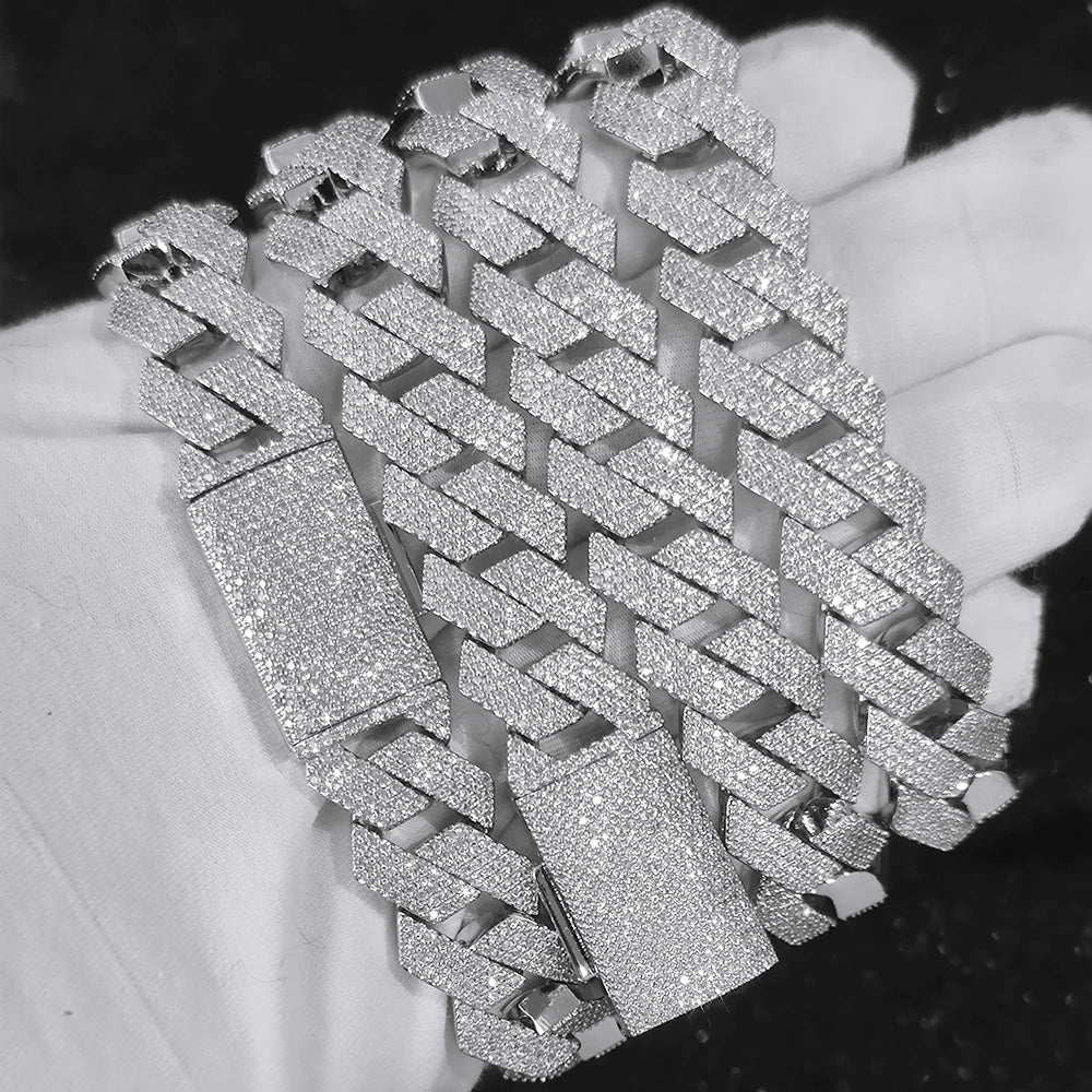 Moissanite Cuban Chain Necklace & Bracelet – 15mm 4 Rows Round Cut VVS Diamond with GRA Certificate | 925 Sterling Silver Jewelry Gift