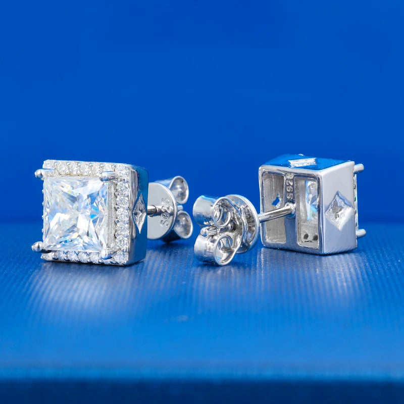 Moissanite Halo Stud Earrings – Princess Cut | 925 Sterling Silver Pass Tester Luxury Jewelry for Men & Women