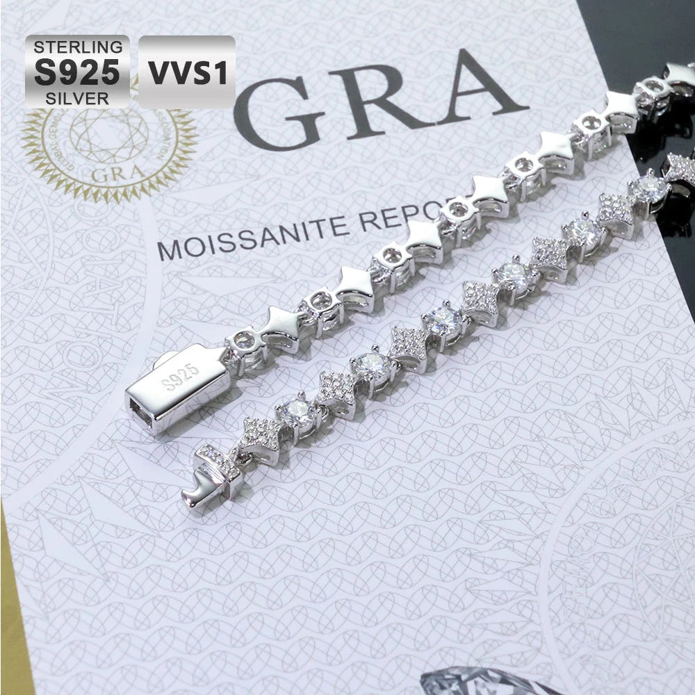 Moissanite Star Tennis Chain Bracelet – 6mm Hip Hop Iced Out VVS Charm with GRA Certificate | 925 Sterling Silver Jewelry