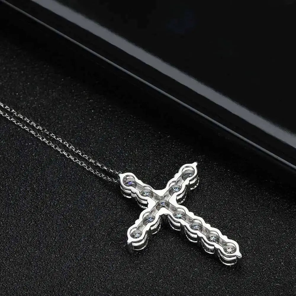 Moissanite Cross Pendant Necklace – Full Moissanite Design | 925 Sterling Silver White Gold Plated Chain Fine Jewelry for Women & Men