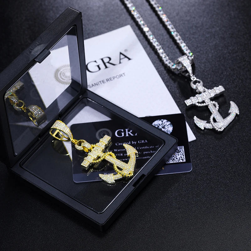 Moissanite Anchor Pendant Necklace – Iced Out Design | 925 Sterling Silver Hip Hop Jewelry for Men & Women