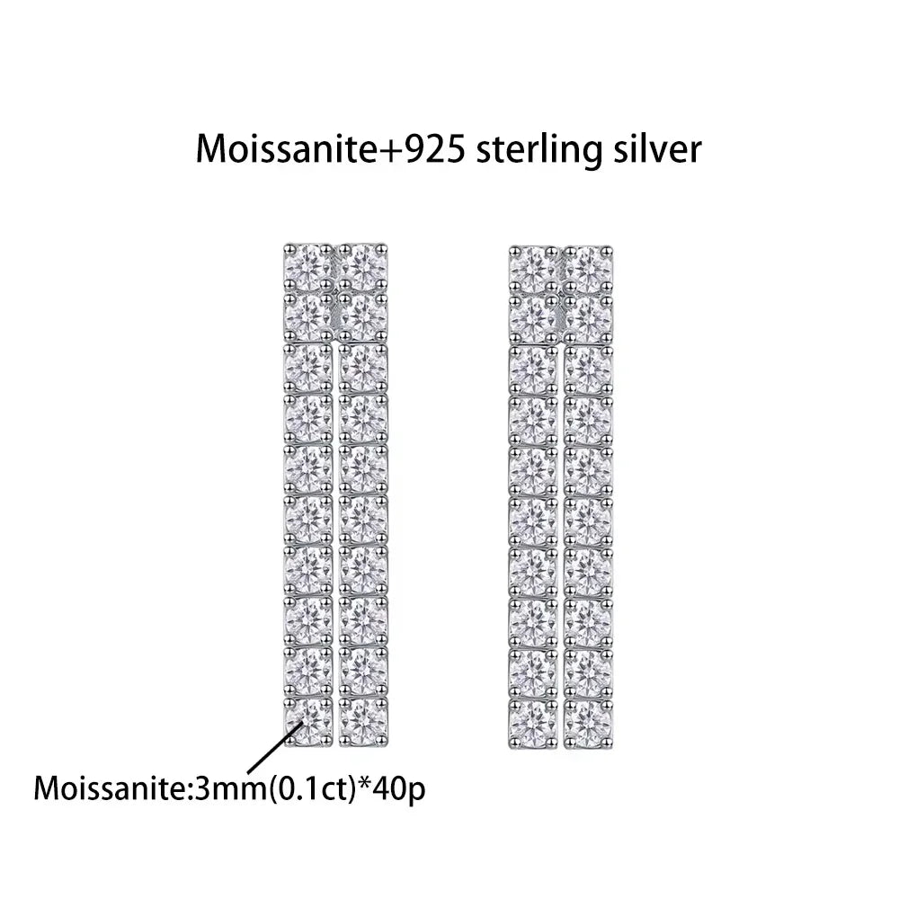 Moissanite Drop Earrings – 4CTW 3mm Double Row Long Tassel Dangle Earrings | 925 Sterling Silver Jewelry for Women