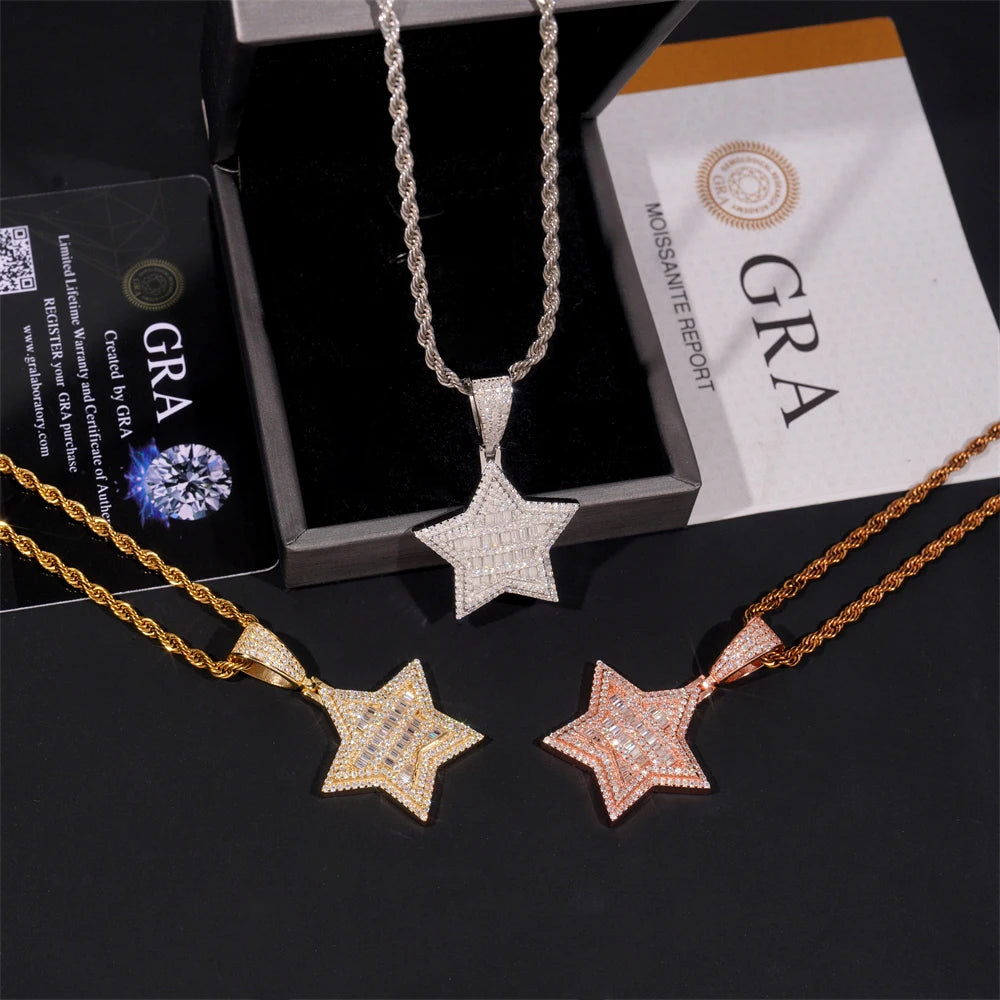 Moissanite Star Pendant – Rectangular Hip Hop Design | S925 Sterling Silver with Certificate Fits 3mm Tennis Chain