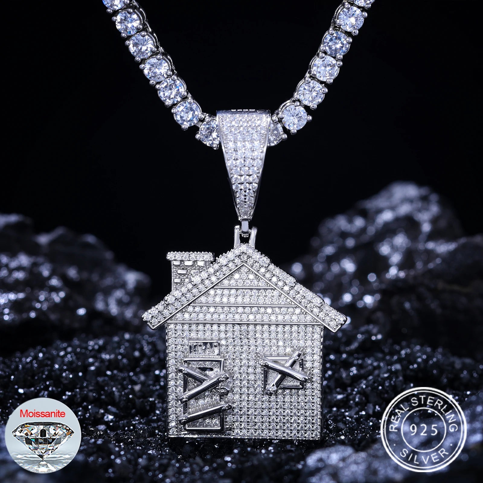 Moissanite House Pendant Necklace – Iced Out Door Design | 925 Sterling Silver Hip Hop Jewelry for Men & Women