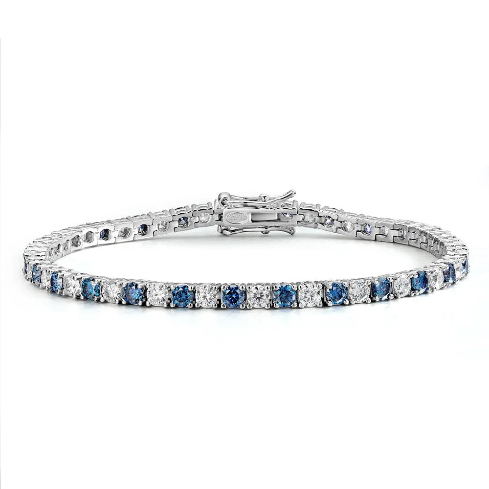 Moissanite Tennis Bracelet – 3mm 4mm Blue Lab Grown Diamond with Certificate | 925 Sterling Silver 18K Gold Plated Bracelet for Women & Men