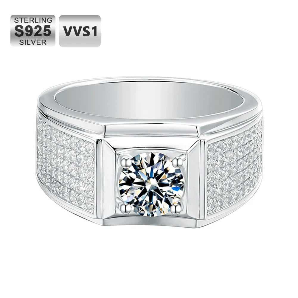 Luxury Moissanite Ring for Men – 1ct 2ct 3ct VVS Iced Out Diamond Ring with GRA Certificate | 925 Sterling Silver Fine Jewelry