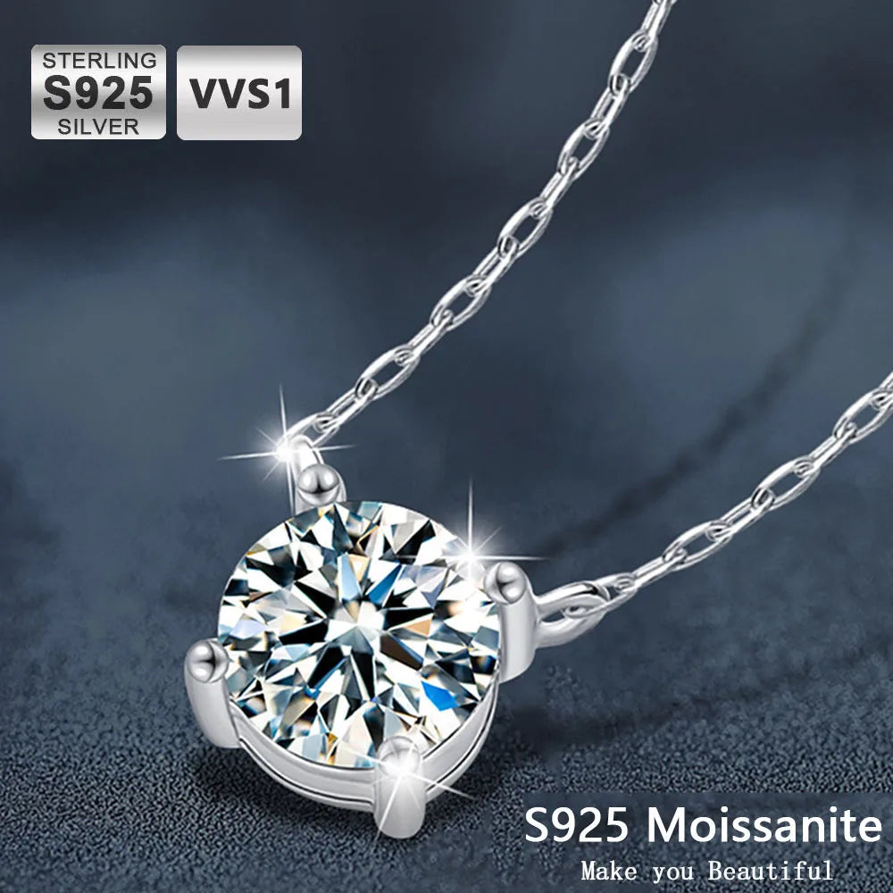 Moissanite Pendant Necklace – 1ct 2ct 3ct D Color Sparkling Classic Lab Diamond | 925 Sterling Silver Necklace for Women with GRA