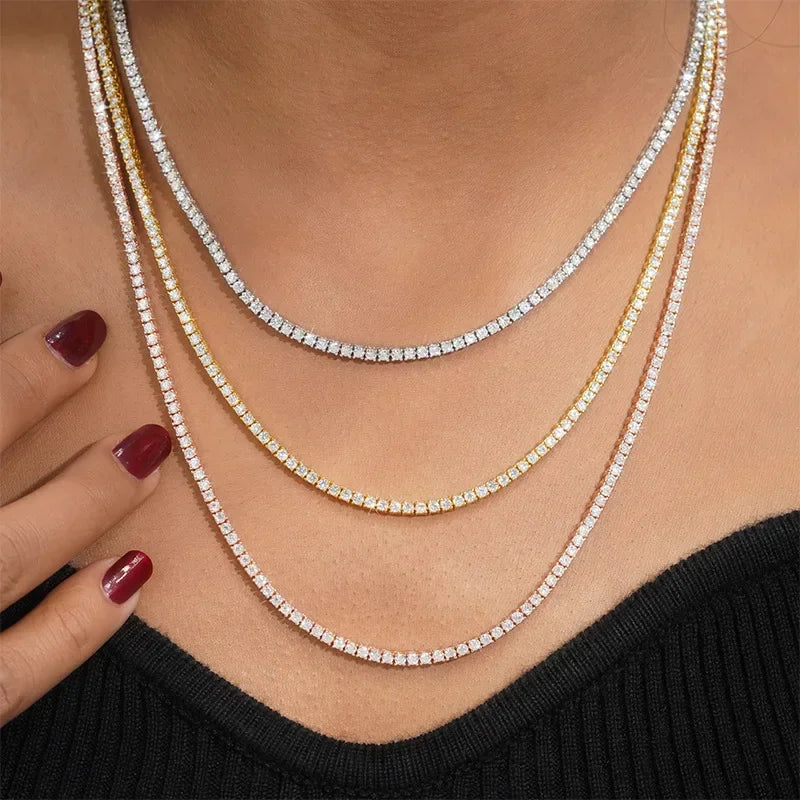 Moissanite Tennis Necklace – Patented Buckle Hip Hop Diamond Tennis Chain | 925 Sterling Silver Jewelry for Women & Men