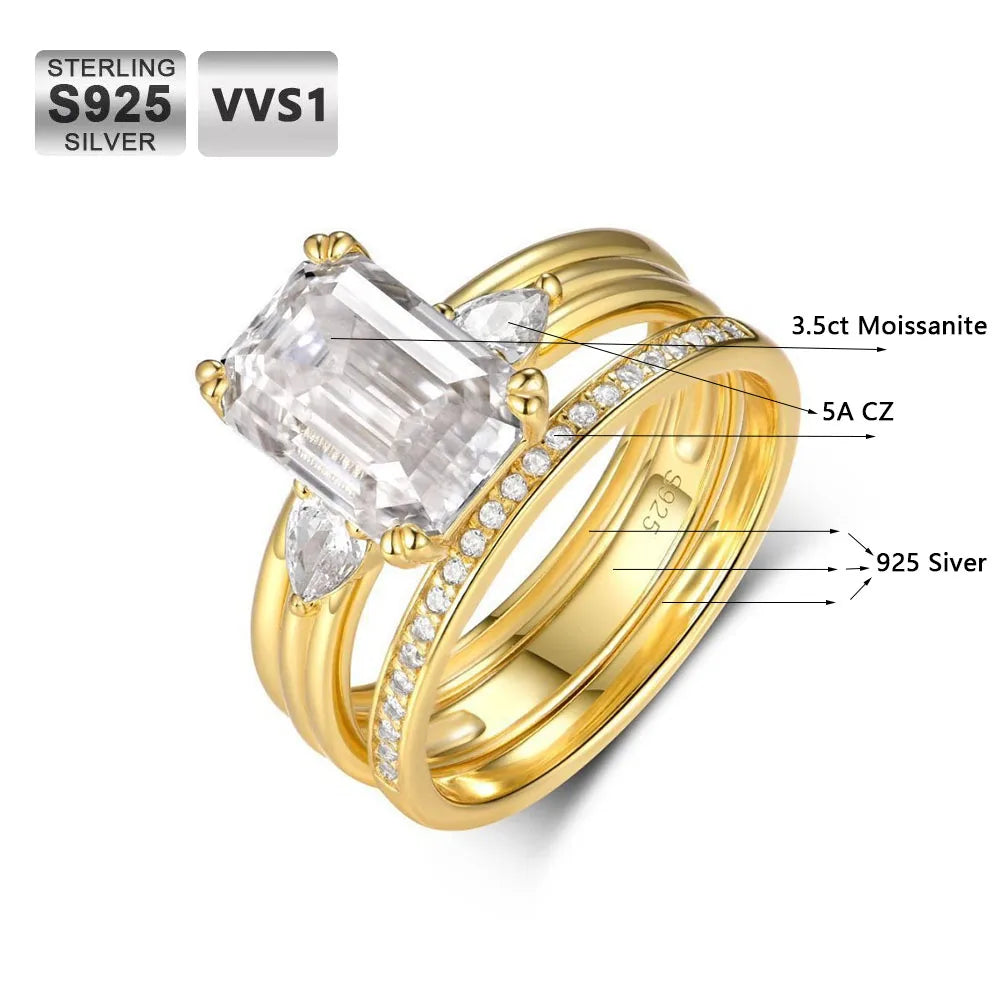 Moissanite Wedding Ring Set – 3.5ct Emerald Cut VVS/CZ Diamond | 925 Sterling Silver 18K Gold Plated Engagement Jewelry with GRA