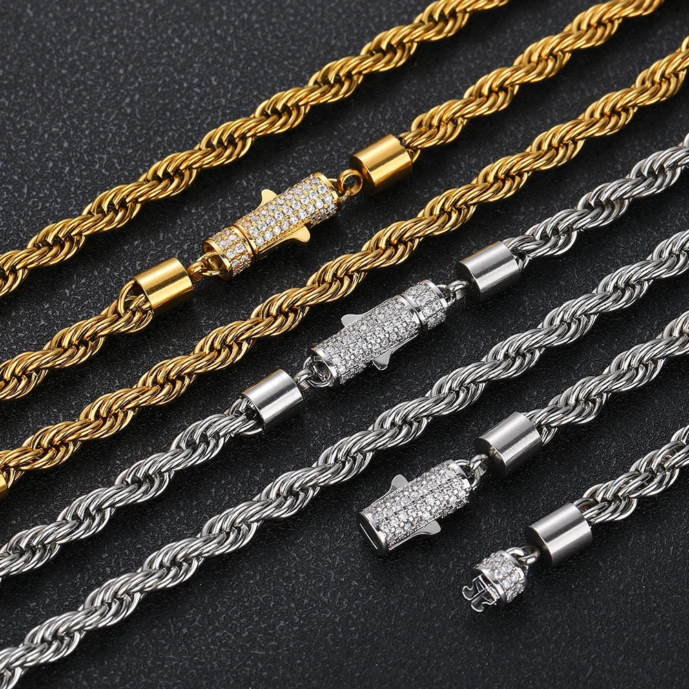 Rope Chain Necklace – 6mm Twist Design with Iced Out Clasp | Stainless Steel Hip Hop Jewelry for Men & Women