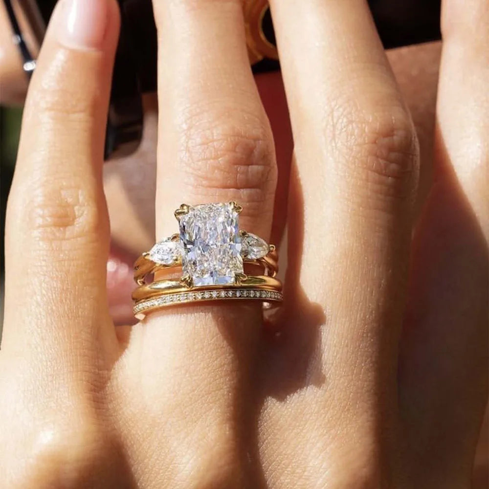 Moissanite Wedding Ring Set – 3.5ct Emerald Cut VVS/CZ Diamond | 925 Sterling Silver 18K Gold Plated Engagement Jewelry with GRA