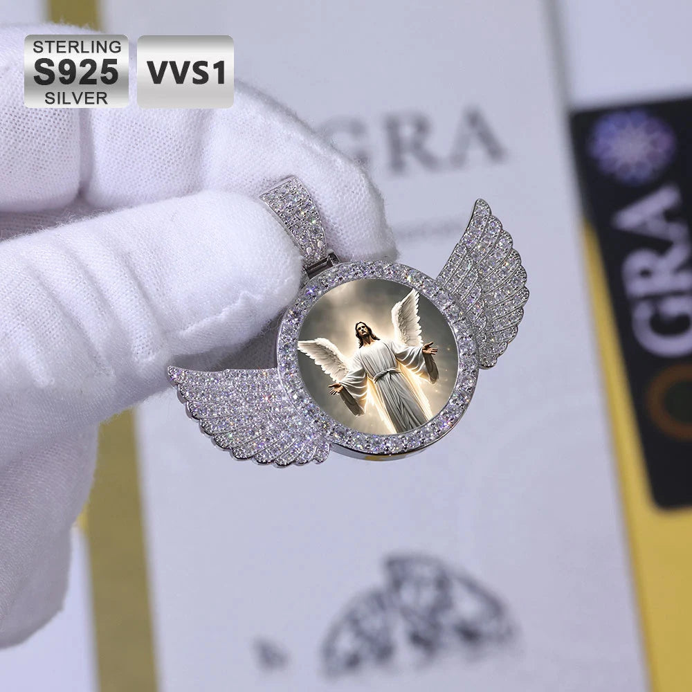 Moissanite Angel Wings Memory Locket Pendant – Iced Out Custom Photo Charm | 925 Sterling Silver Trendy Jewelry for Women