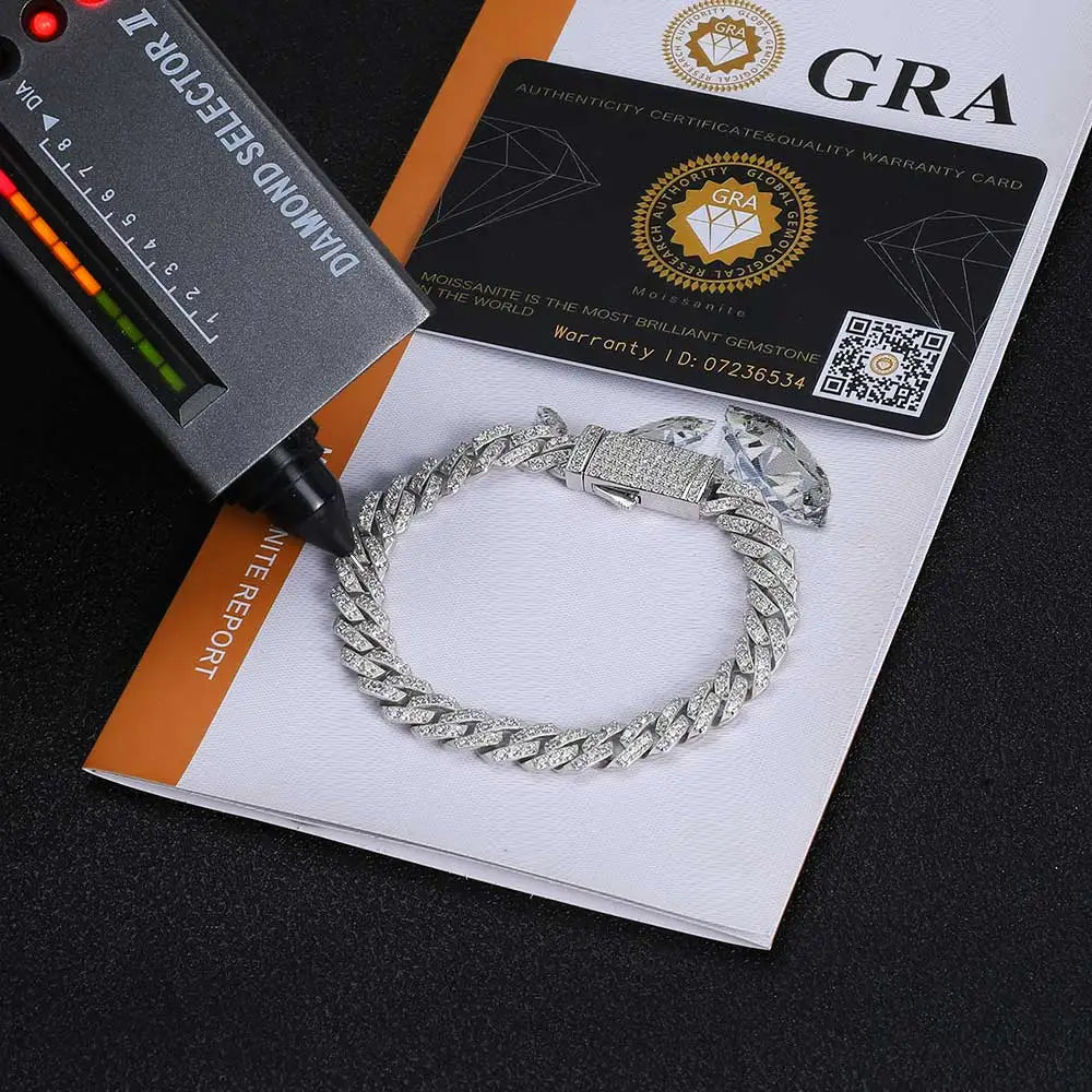 Moissanite Cuban Link Chain Bracelet – 8mm 10mm 15mm 20mm Miami Hip Hop Shiny VVS Stone | 925 Sterling Silver Jewelry for Men