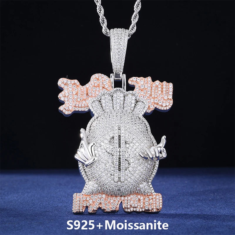 Moissanite Money Bag Pendant Necklace – Iced Out Dollar Design | S925 Sterling Silver Hip Hop Jewelry for Men & Women