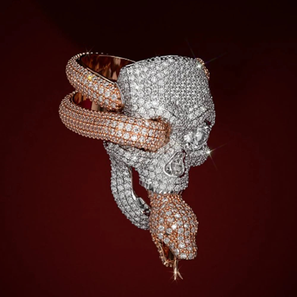 Moissanite Skull Snake Ring – Iced Out Design | S925 Sterling Silver Luxury Hip Hop Jewelry for Men & Women