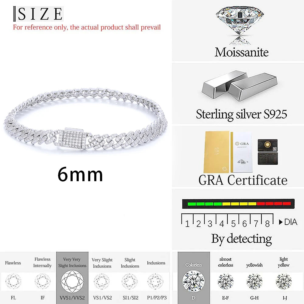 Moissanite Cuban Link Chain Necklace – 6mm VVS Diamond Iced Out Pass Test Single Row | 925 Sterling Silver Jewelry for Women
