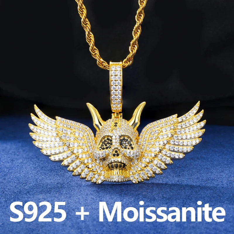 Moissanite Skull Wing Pendant Necklace – Iced Out Bling | 925 Sterling Silver Hip Hop Jewelry for Men & Women