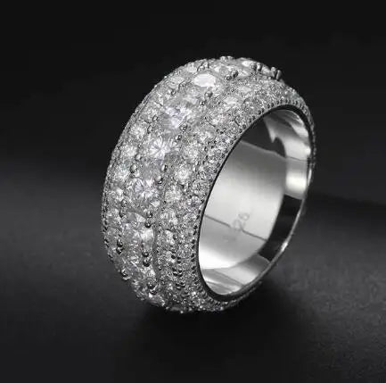 Moissanite Ring – VVS1 11mm 3-Row Pave | S925 Sterling Silver Hip Hop Jewelry