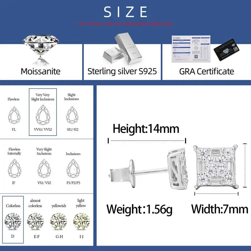 Moissanite Stud Earrings – Baguette Cut | S925 Sterling Silver Pass Tester Jewelry for Men & Women