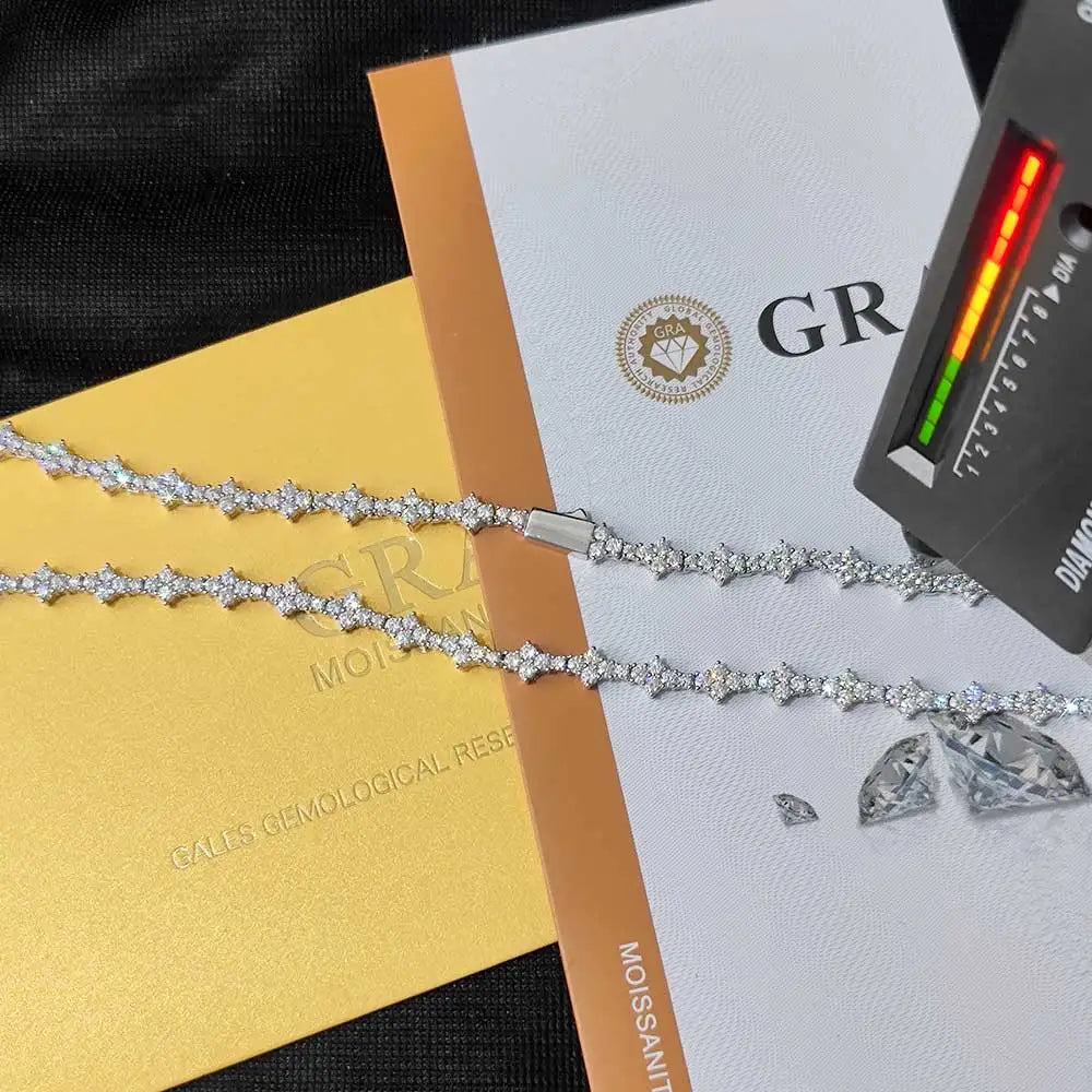 Moissanite Flower Tennis Chain Necklace – 6.5mm Iced Out VVS Hip Hop | 925 Sterling Silver 18K Gold Plated Jewelry