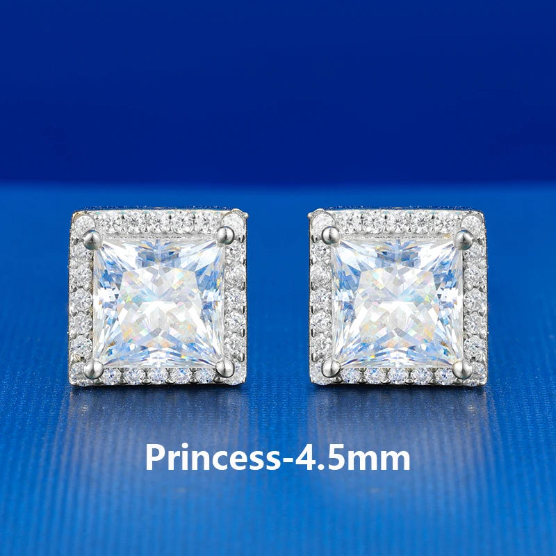 Moissanite Halo Stud Earrings – Princess Cut | 925 Sterling Silver Pass Tester Luxury Jewelry for Men & Women