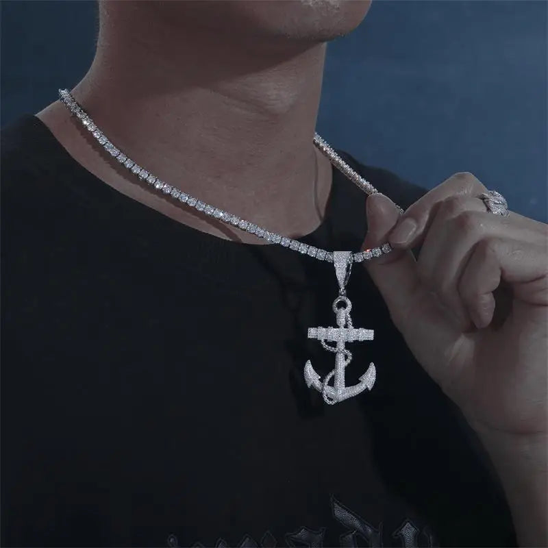 Moissanite Anchor Pendant Necklace – Iced Out Design | 925 Sterling Silver Hip Hop Jewelry for Men & Women