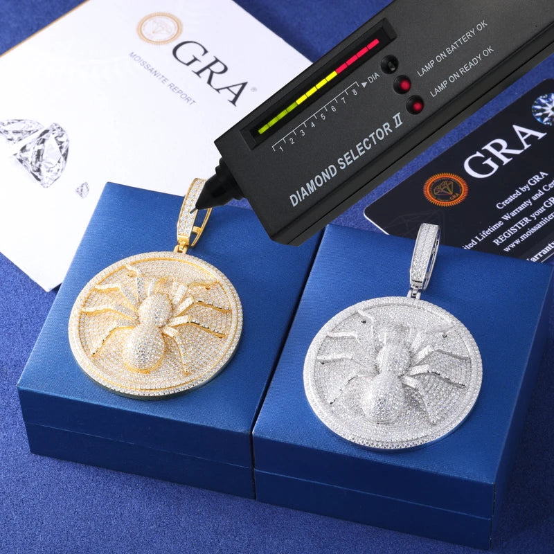 Moissanite Spider Pendant Necklace – Iced Out Round Charm Design | 925 Sterling Silver Hip Hop Jewelry for Men, Passed Diamond Test