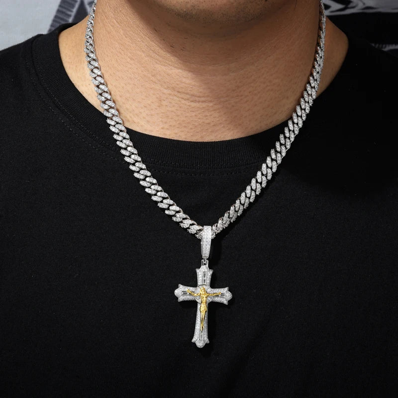 Moissanite Cross Pendant – D VVS Jesus Crucifix | 18K Gold Plated 925 Silver Religious Jewelry for Men & Women