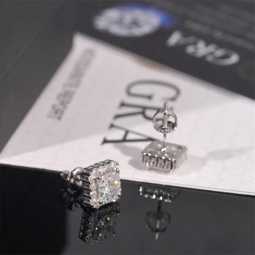 Moissanite Stud Earrings – Princess Cut D Color Main Stone with Certificate | S925 Sterling Silver Fine Jewelry Gifts