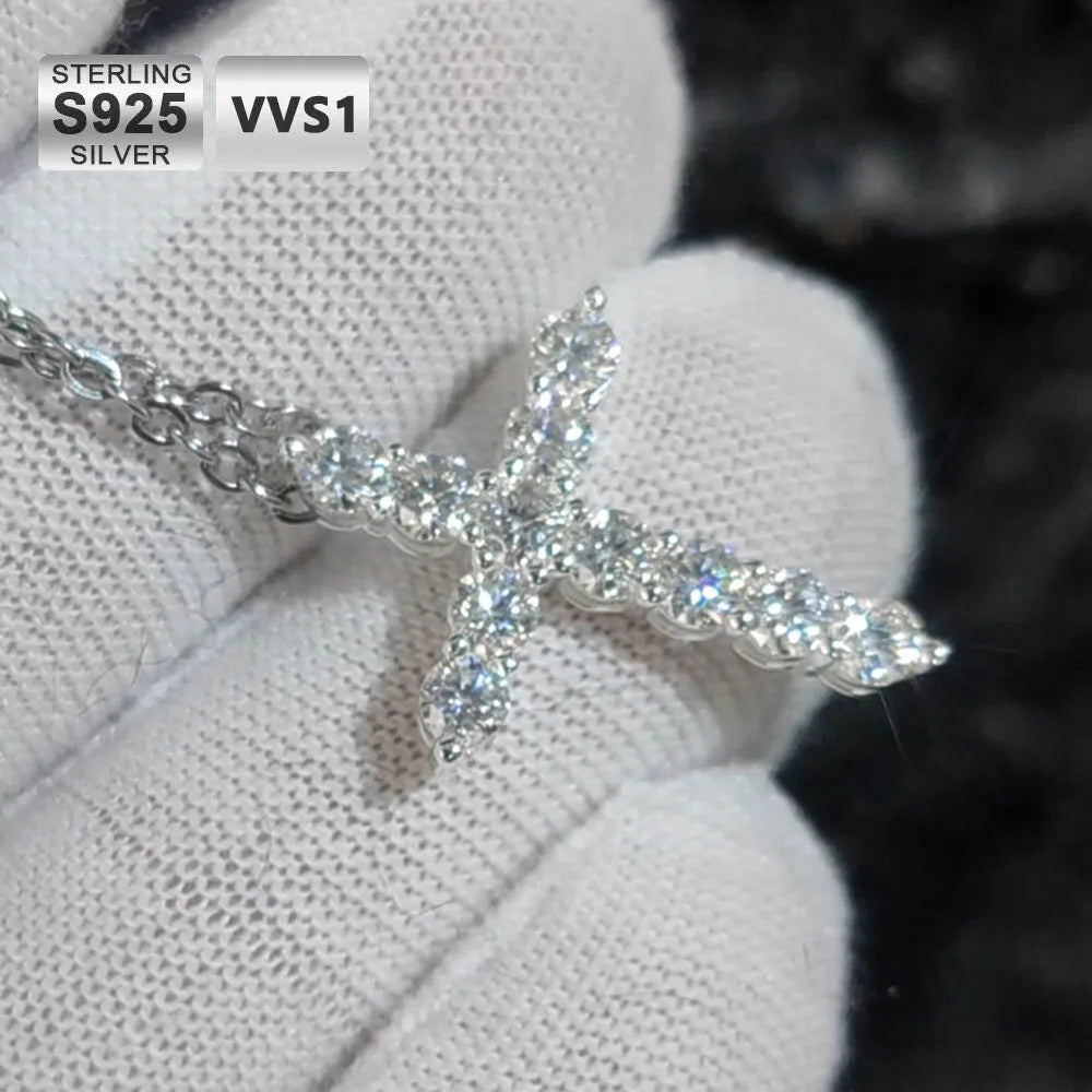 Moissanite Cross Pendant Necklace – Iced Out Jesus Christian Religious Jewelry | 925 Sterling Silver White Gold Plated Gift for Women