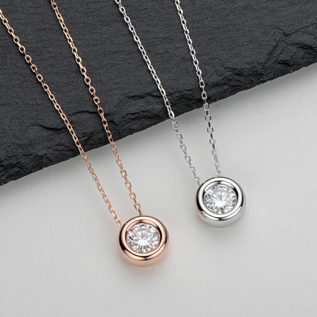 Moissanite Pendant Necklace – 6.5mm Round Bezel Design | 925 Sterling Silver Clavicle Chain Jewelry for Women & Men