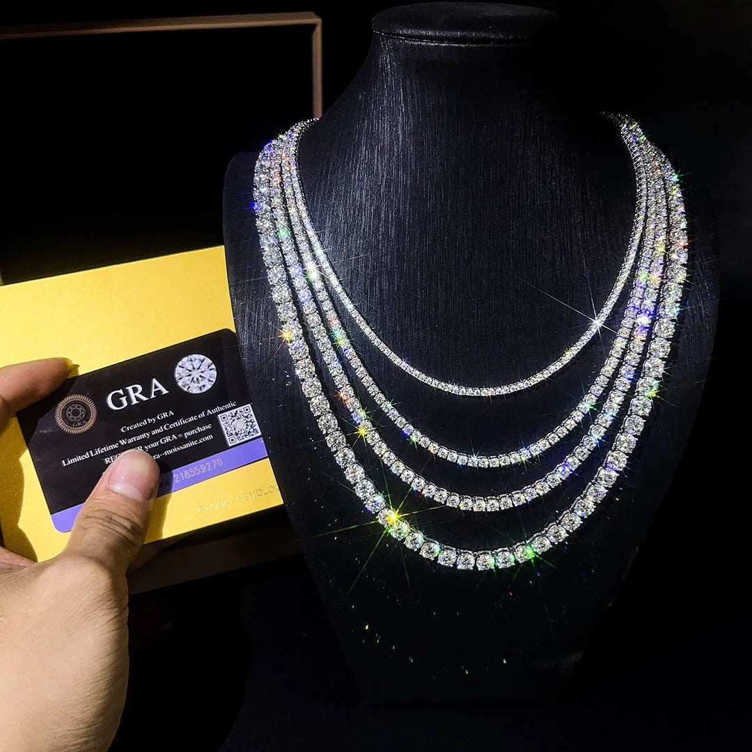 Moissanite Tennis Chain Necklace – Iced Out Diamond 2mm 3mm 4mm 5mm | 925 Sterling Silver Gold Plated Jewelry