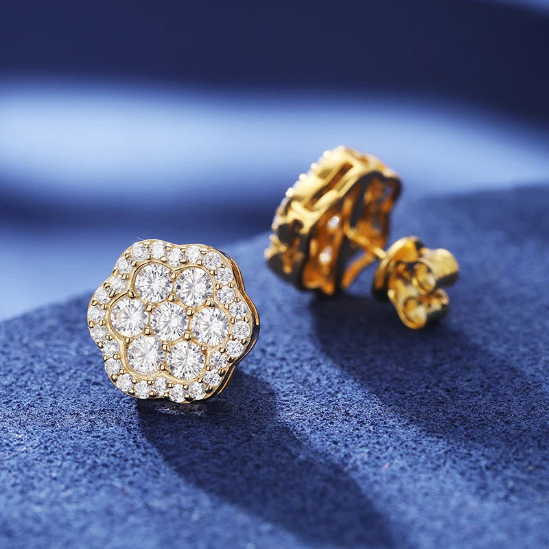 Moissanite Flower Stud Earrings – Iced Out Bling | 925 Sterling Silver Luxury Hip Hop Jewelry for Men & Women