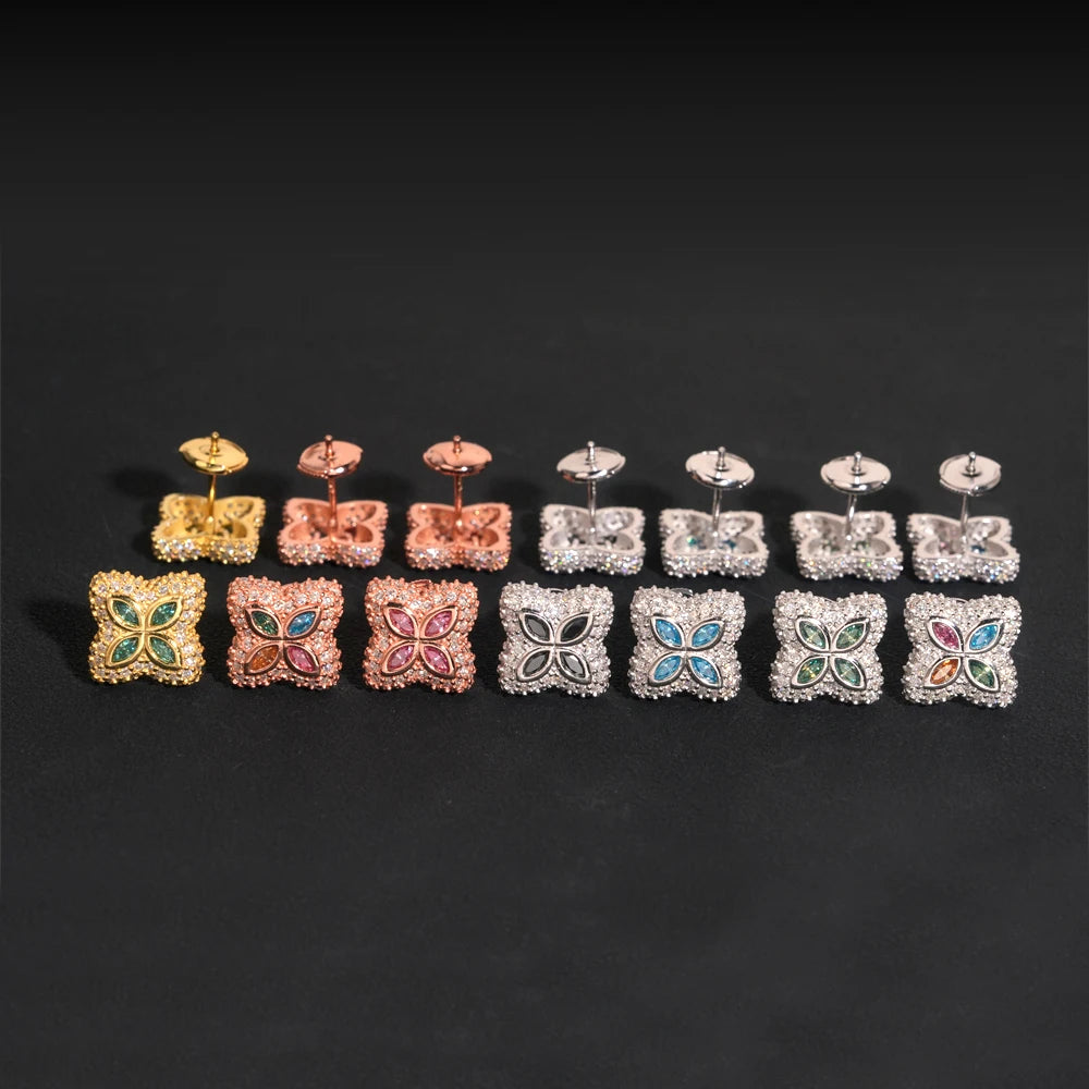 Flower Design Moissanite Stud Earrings – New Arrivals | Colorful Diamond Iced Out Hip Hop Jewelry 925 Sterling Silver