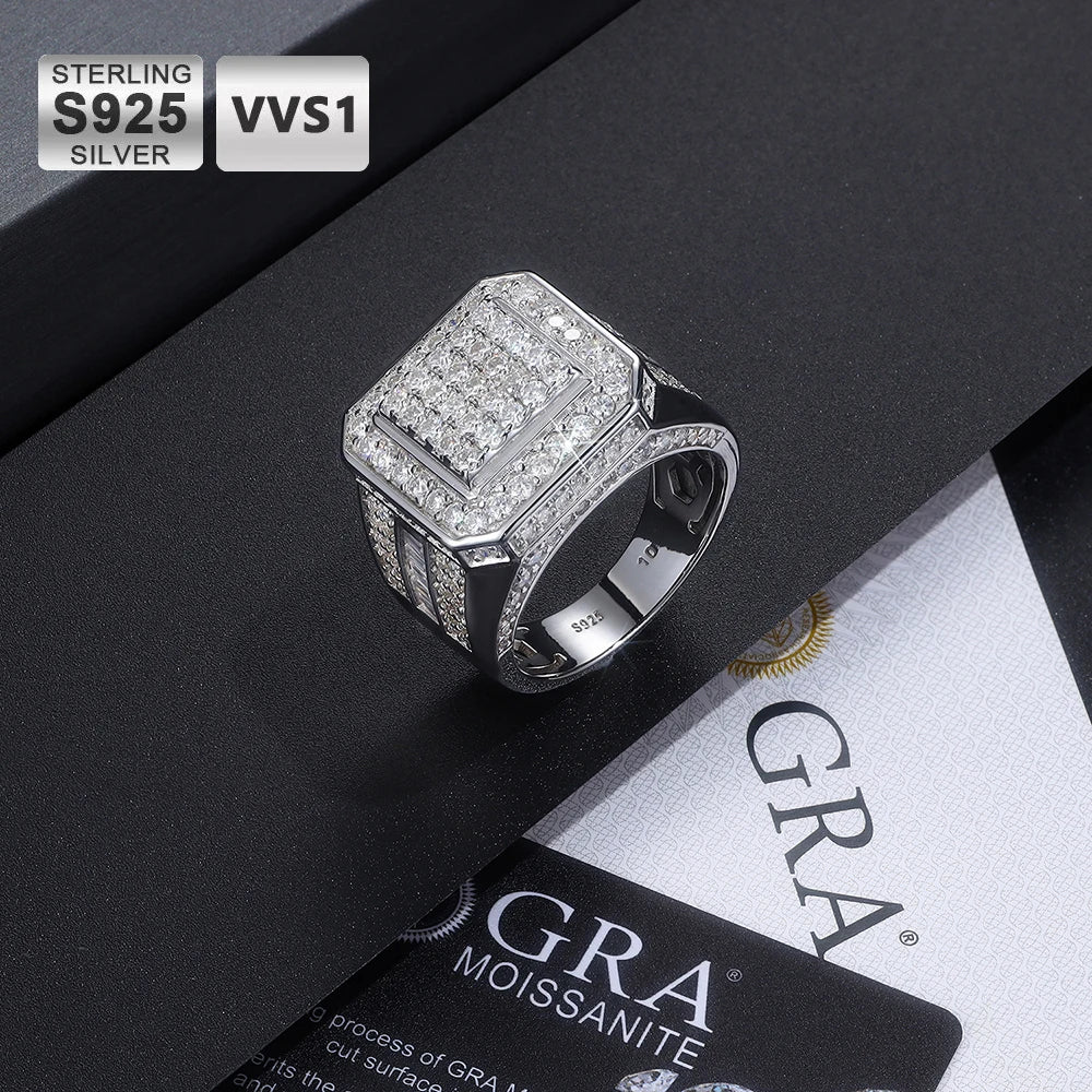 Moissanite Men's Ring – Square & Round Brilliant Cut Hip Hop Design | 925 Sterling Silver VVS Statement Jewelry