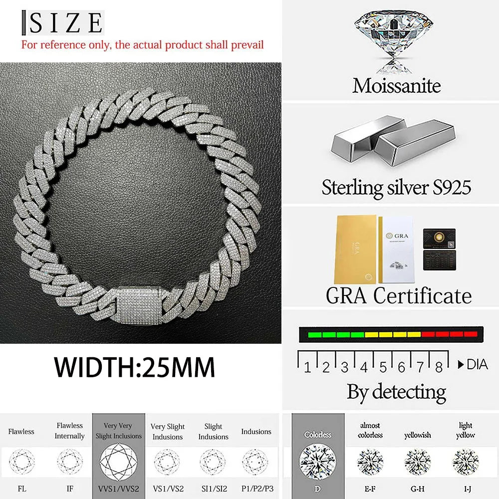 Moissanite Cuban Link Chain Necklace – 25mm Thick Miami Hip Hop VVS | 925 Sterling Silver Jewelry for Men