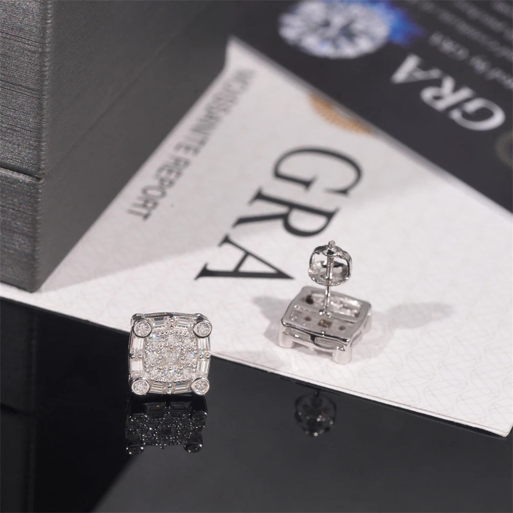 Moissanite Stud Earrings – 10mm Square D Color with Certificate | S925 Sterling Silver Fine Jewelry Gifts
