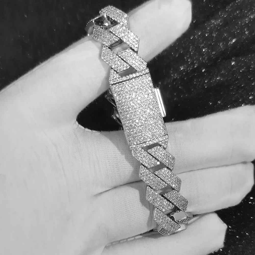 Moissanite Cuban Chain Necklace & Bracelet – 15mm 4 Rows Round Cut VVS Diamond with GRA Certificate | 925 Sterling Silver Jewelry Gift