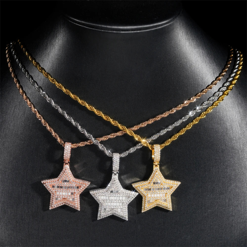 Moissanite Star Pendant – Rectangular Hip Hop Design | S925 Sterling Silver with Certificate Fits 3mm Tennis Chain