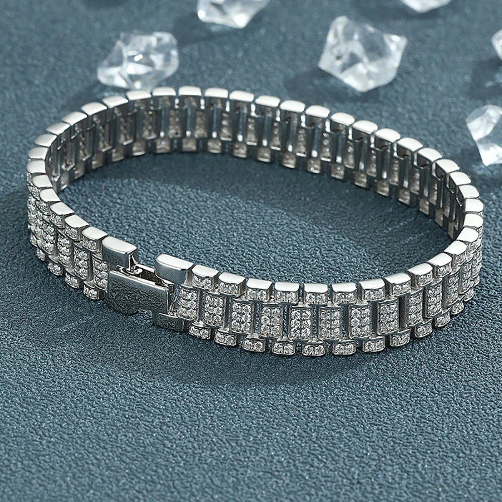 Moissanite Watch Chain Bracelet – 1.2mm Certified Full Diamond Bangle with GRA | 925 Sterling Silver Fine Jewelry for Women & Men