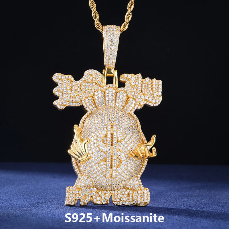 Moissanite Money Bag Pendant Necklace – Iced Out Dollar Design | S925 Sterling Silver Hip Hop Jewelry for Men & Women
