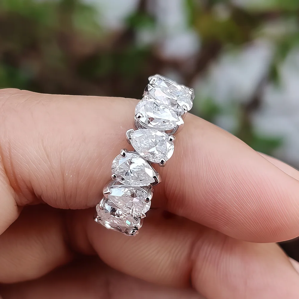 Moissanite Eternity Band Ring – Pear Cut Full Diamond Certified Wedding Ring | 925 Sterling Silver Stackable Jewelry for Women & Men