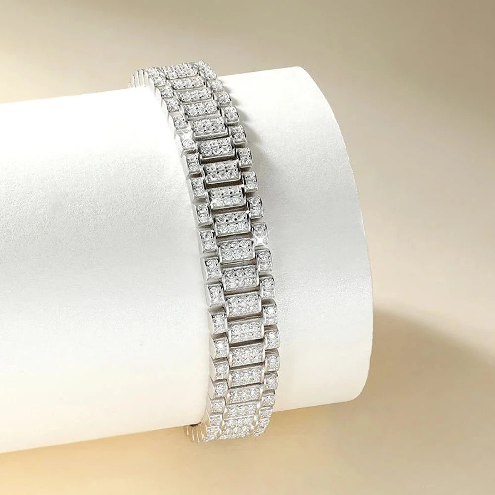 Moissanite Watch Chain Bracelet – 1.2mm Certified Full Diamond Bangle with GRA | 925 Sterling Silver Fine Jewelry for Women & Men