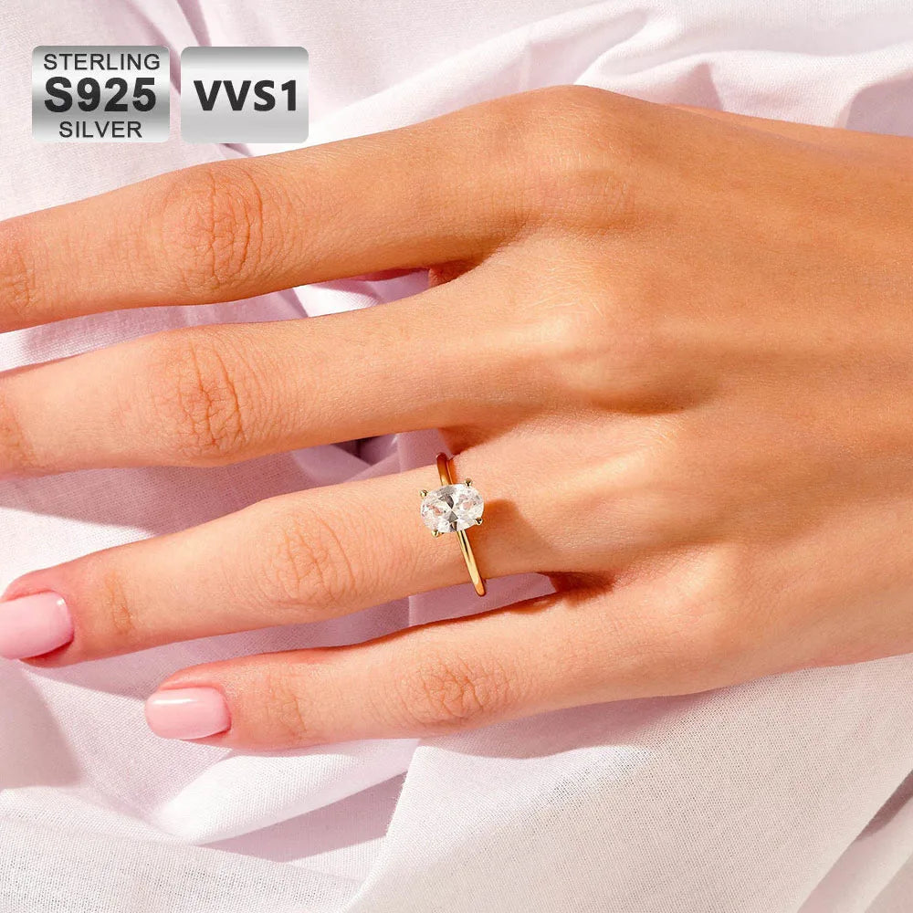 Moissanite Ring – 0.5ct 1ct 2ct 3ct Oval Egg-Shaped Design | 18K Gold Plated 925 Sterling Silver Simple Wedding Ring for Women