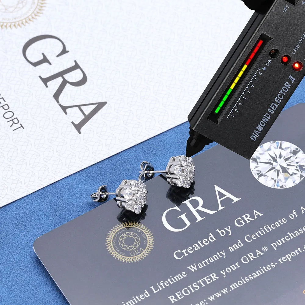 Moissanite Cluster Flower Earrings – VVS Stud Earrings with GRA Certificate | 925 Sterling Silver Hip Hop Jewelry