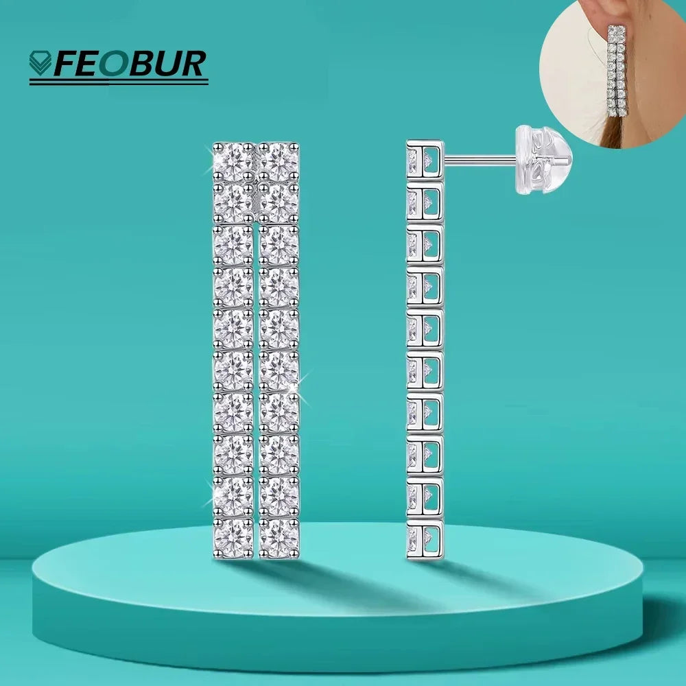 Moissanite Drop Earrings – 4CTW 3mm Double Row Long Tassel Dangle Earrings | 925 Sterling Silver Jewelry for Women