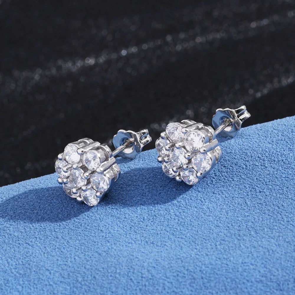 Moissanite Cluster Flower Earrings – VVS Stud Earrings with GRA Certificate | 925 Sterling Silver Hip Hop Jewelry