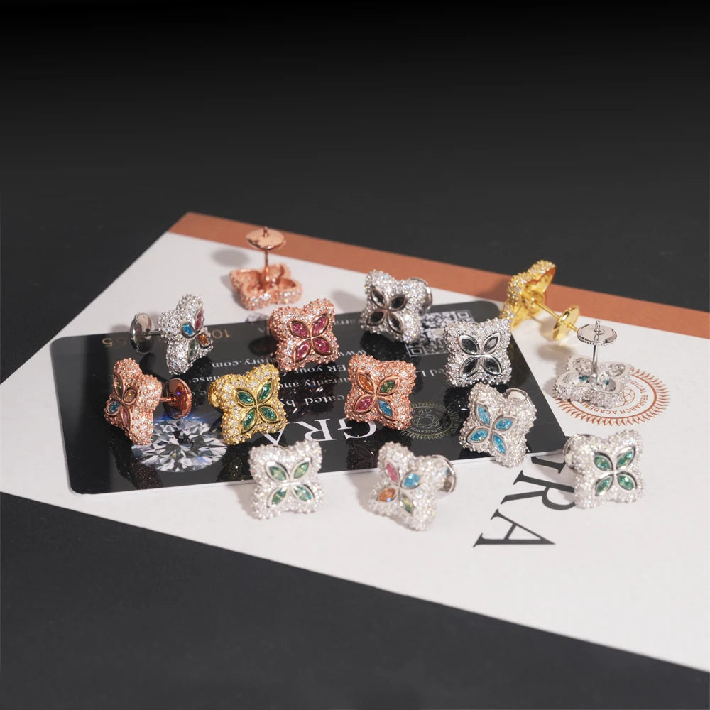 Flower Design Moissanite Stud Earrings – New Arrivals | Colorful Diamond Iced Out Hip Hop Jewelry 925 Sterling Silver